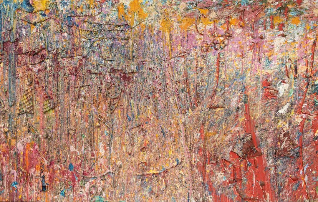 《佩里瑟里亚》1993年，布面丙烯及综合材料，85 x 138英寸（215.9 x 350.5厘米）
